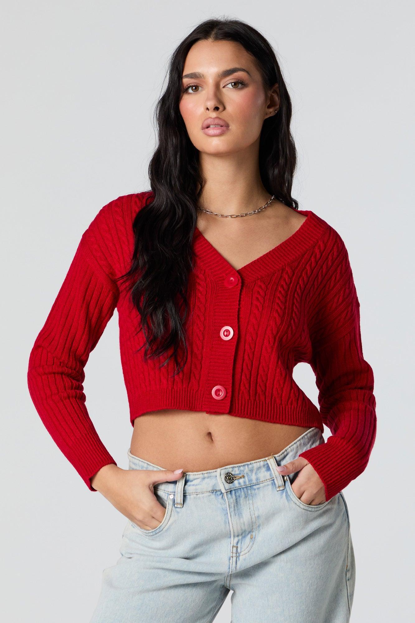 Cable Knit Button-Up Cropped Cardigan Female Product Image