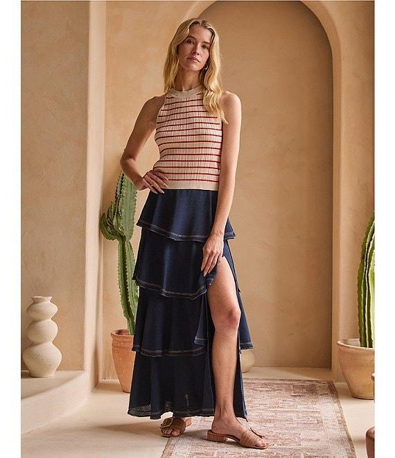 Skies Are Blue Striped Rib Knit High Neck Sleeveless Top Product Image