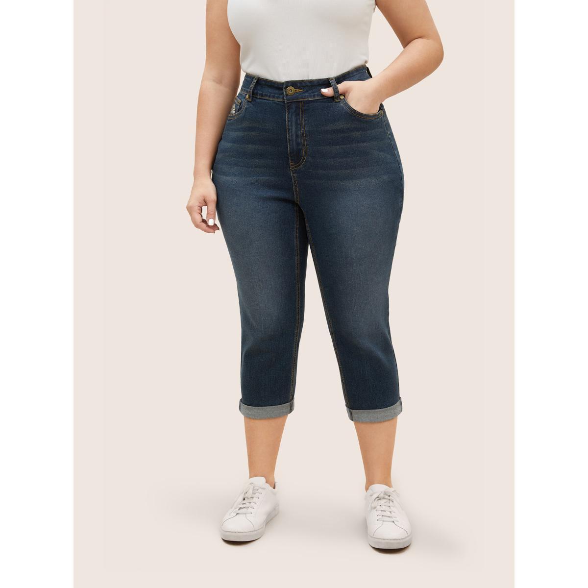 Plus Size Vintage Slanted Pocket Roll Hem Jeans Women DarkBlue Casual High stretch Slanted pocket Jeans BloomChic 30/6X Product Image
