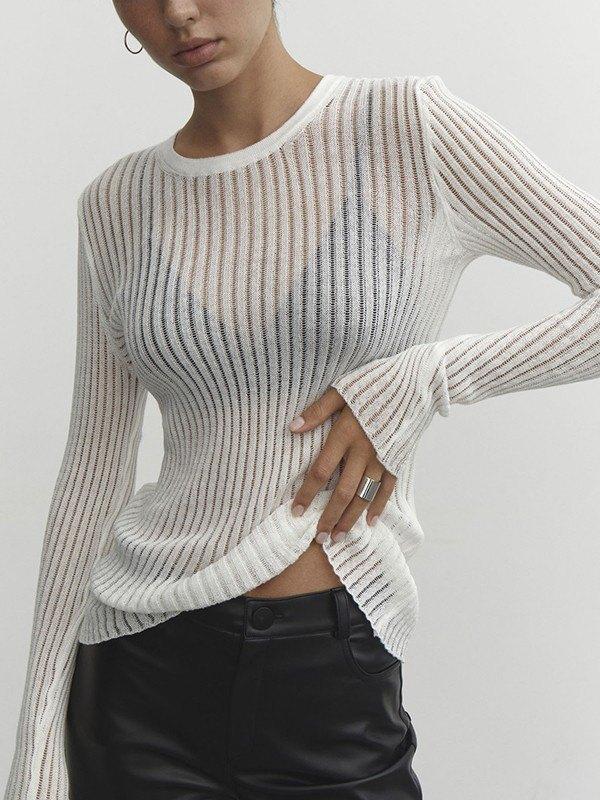 See Through Long Sleeve Ribbed Knit Top Product Image