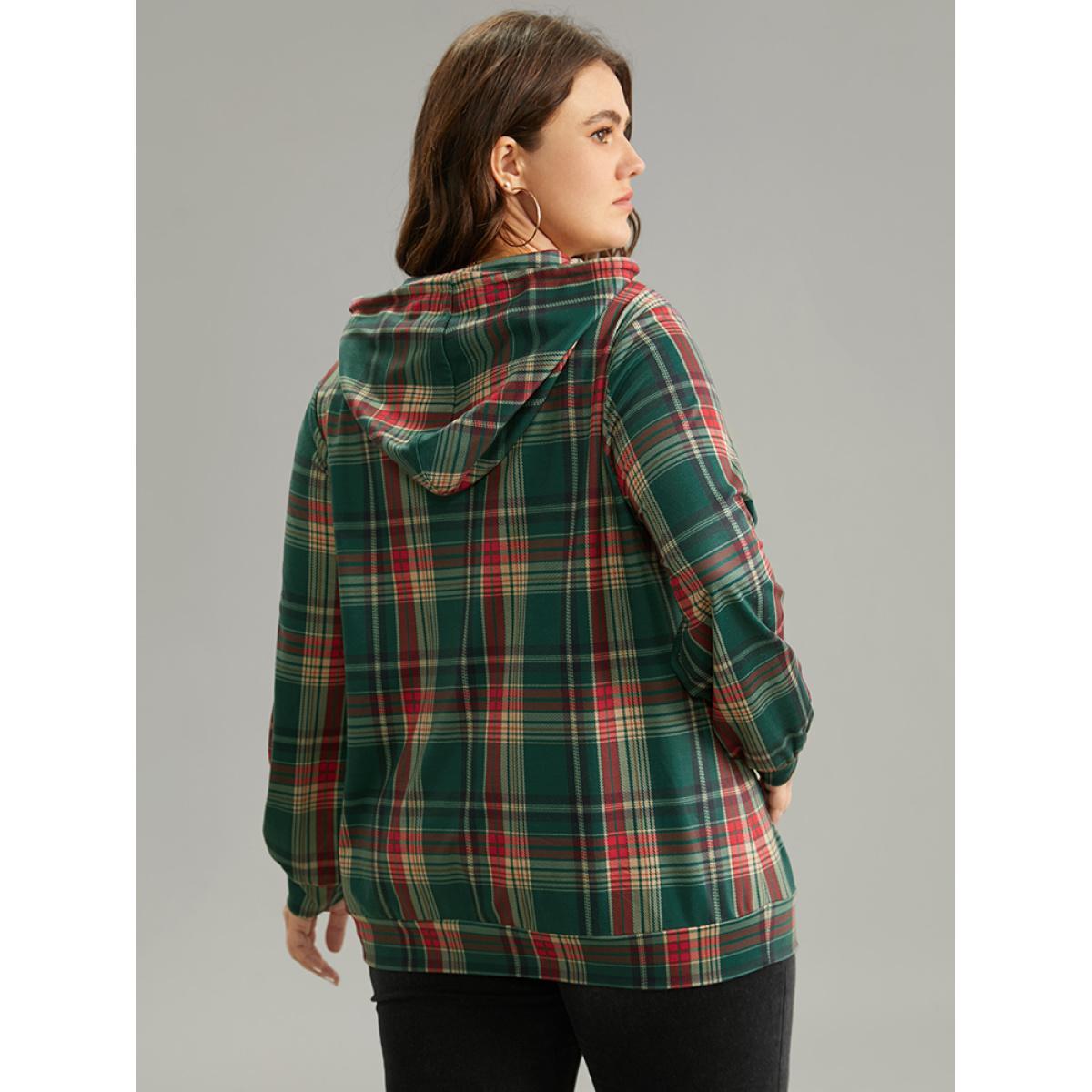 Plus Size Contrast Plaid Button Up Kangaroo Pocket Sweatshirt Women DarkGreen Casual Button Hooded Dailywear Sweatshirts BloomChic 22-24/3X Product Image