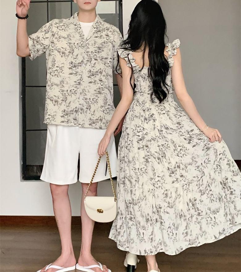 Couple Matching Short-Sleeve Floral Print Shirt / Sleeveless Maxi A-Line Dress Product Image