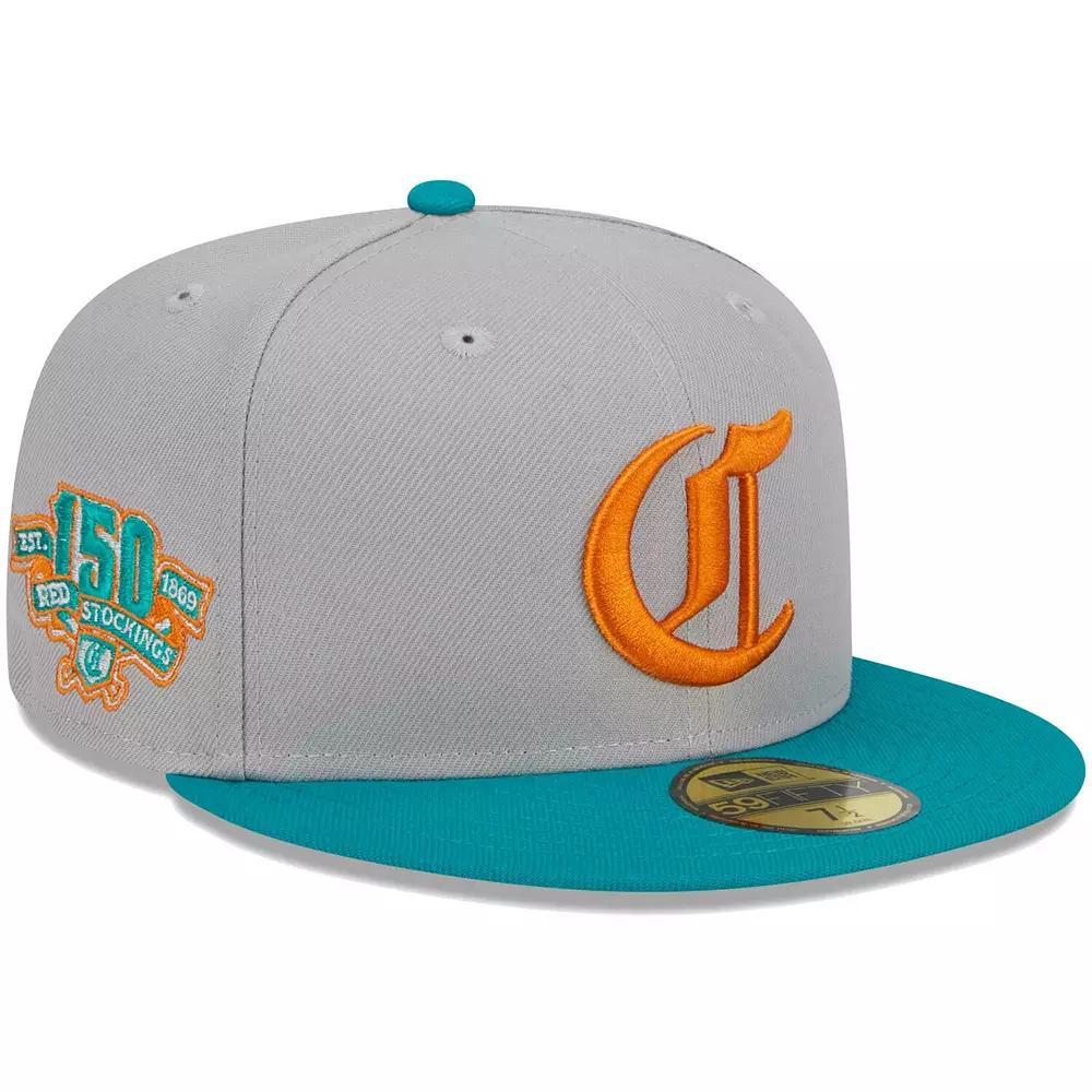 Men's New Era Gray/Teal Cincinnati Reds  59FIFTY Fitted Hat, Size: 7 1/4, Red Grey Product Image