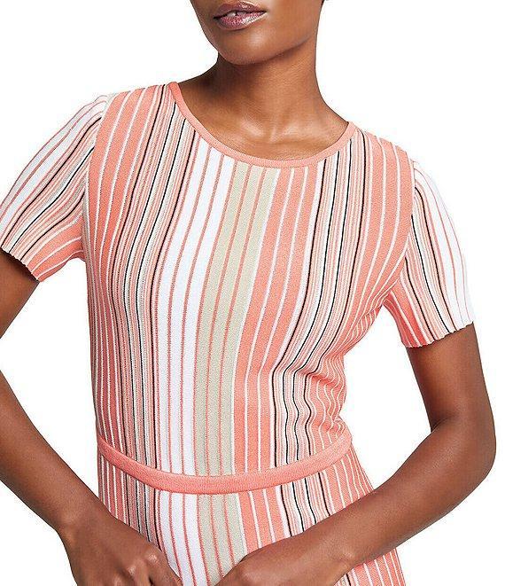 Ming Wang Knit Multi-Stripe Round Neck Short Sleeve Fit-And-Flare Dress Product Image