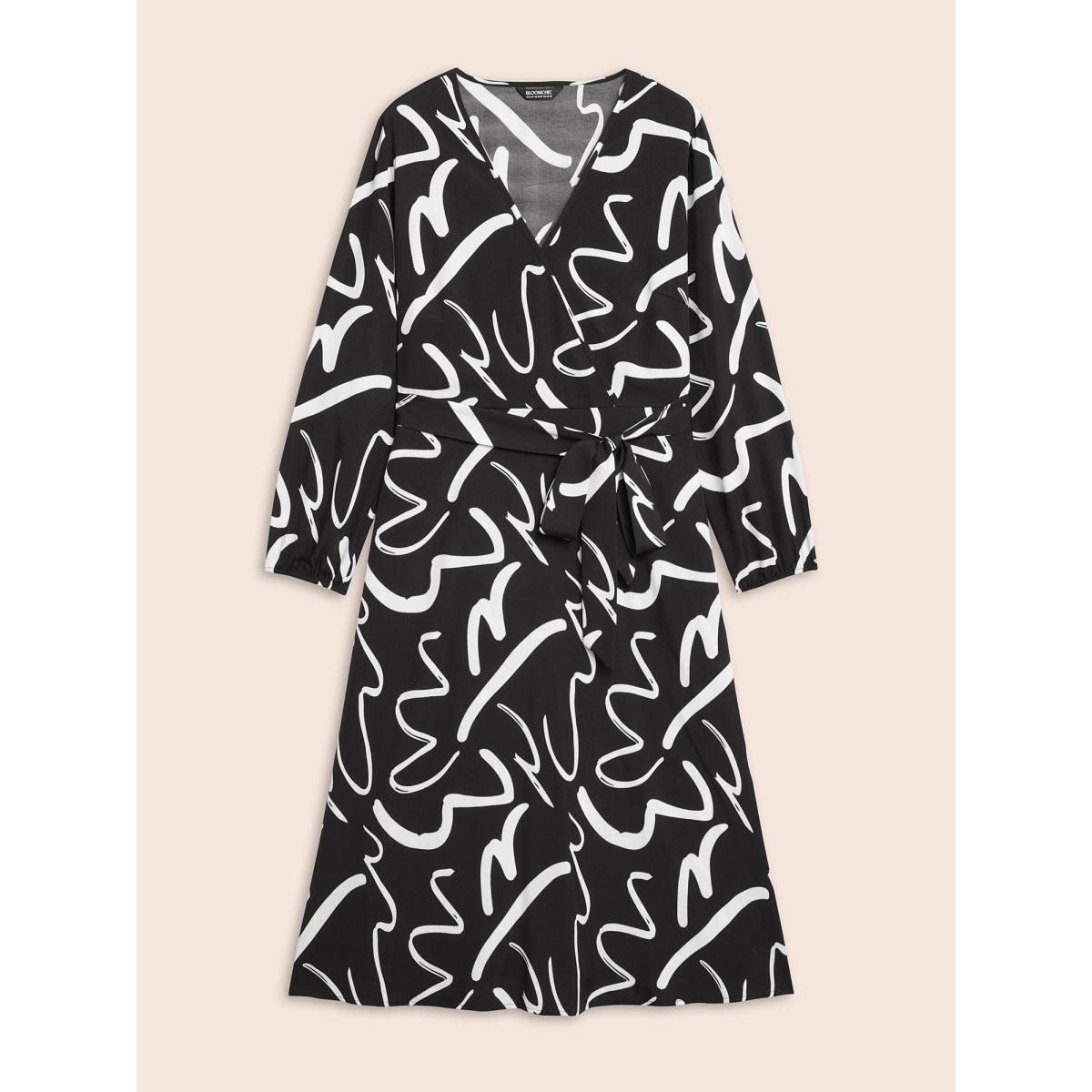 Plus Size Geometric Overlap Collar Midi Dress BlackFlower Women At the Office Belted Overlap Collar Long Sleeve Curvy BloomChic 10/M Product Image