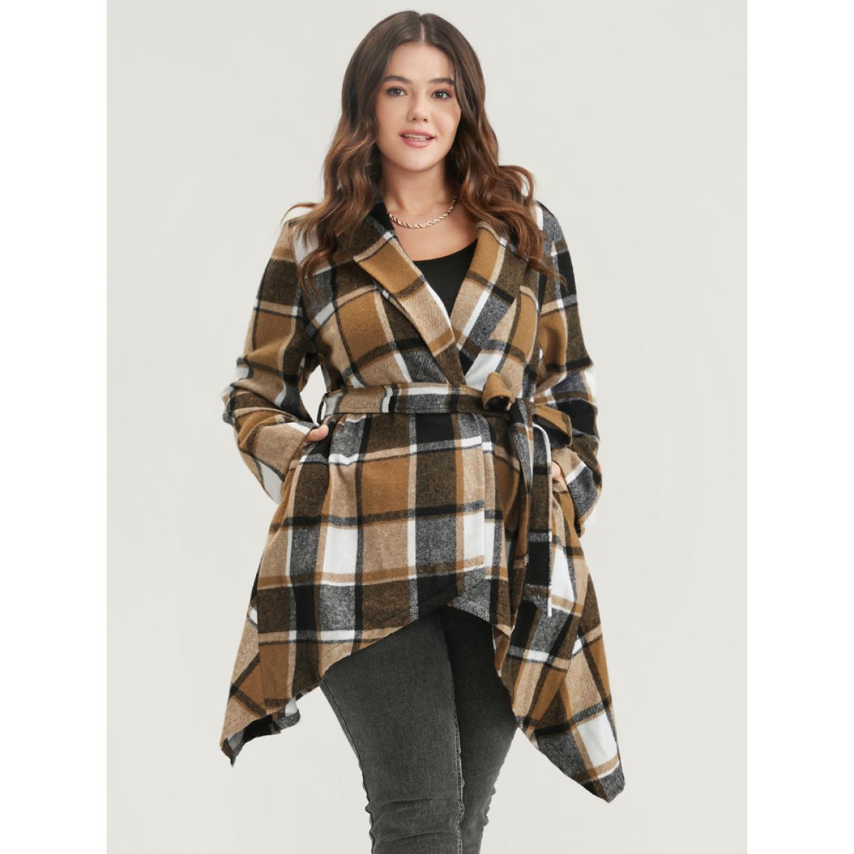 Plus Size Plaid Pocket Lapel Collar Asymmetrical Hem Belted Coat Women Bronze Elegant Button Ladies Dailywear Winter Coats BloomChic 28/5X Product Image