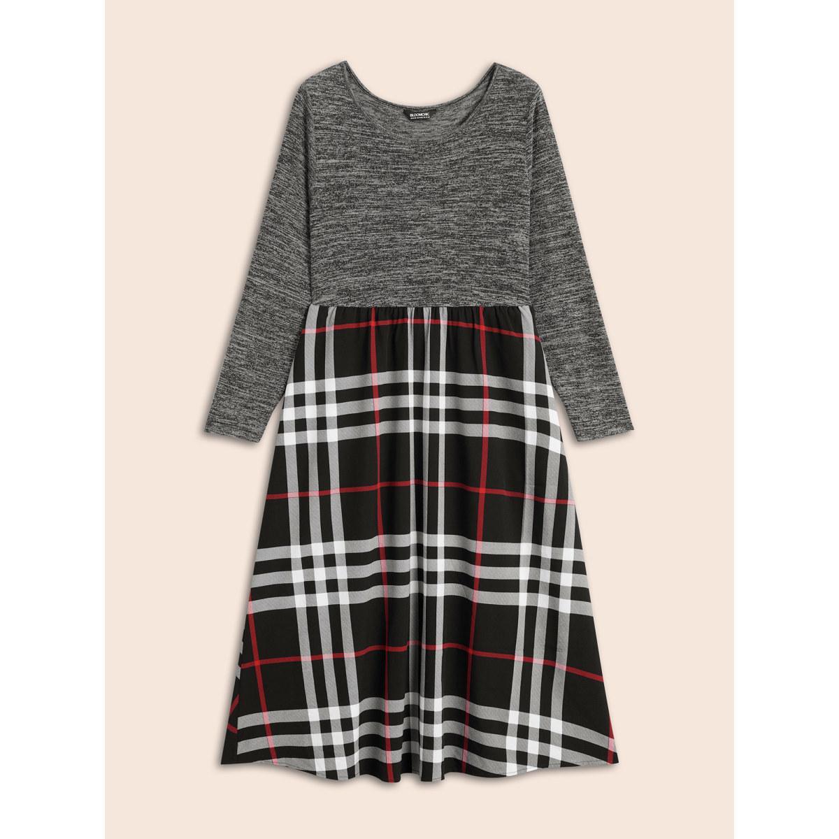 Plus Size Plaid Patchwork Elastic Waist Dress Black Women Casual Patchwork Round Neck Long Sleeve Curvy BloomChic 14-16/1X Product Image