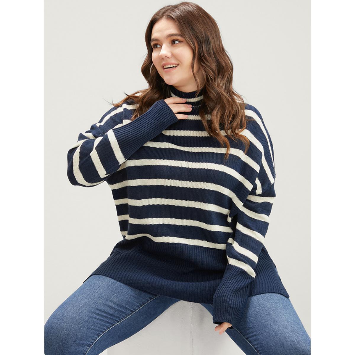 Plus Size Striped Contrast Pointelle Knit Split Hem Mock Neck Knit Top DarkBlue Women Casual Loose Long Sleeve Mock Neck Dailywear Pullovers BloomChic 12/L Product Image