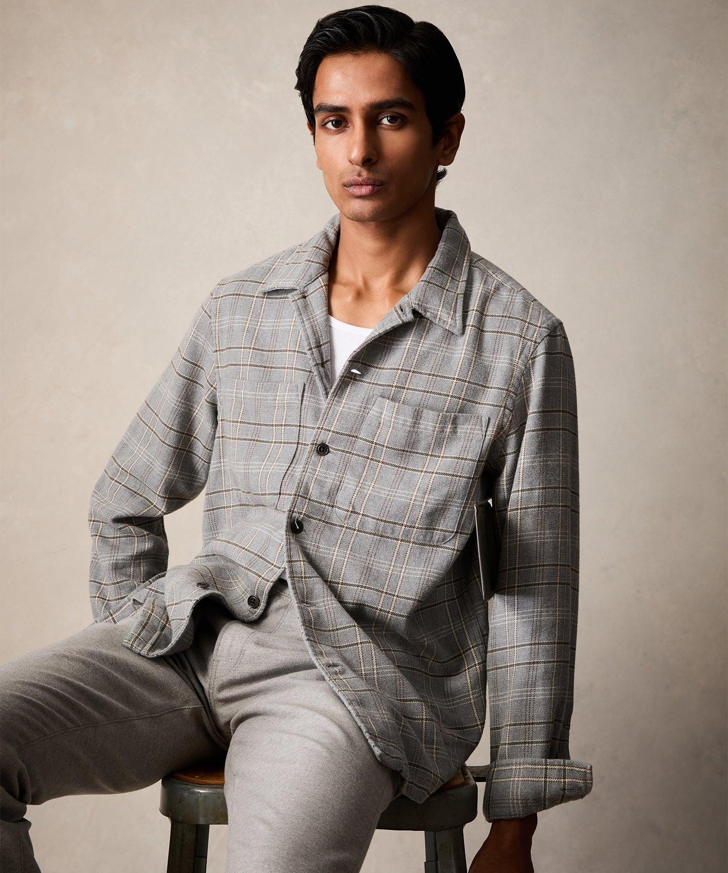 Relaxed Fit Plaid Flannel Overshirt in Light Grey Product Image