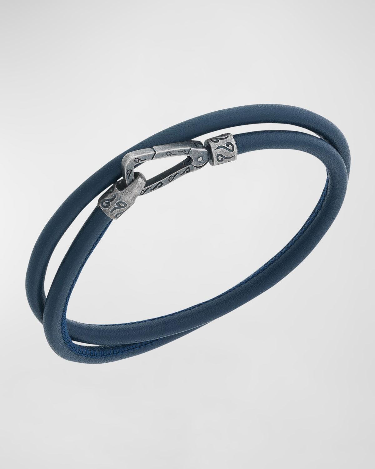 Mens Lash Double Wrap Smooth Leather Bracelet, Silver Product Image