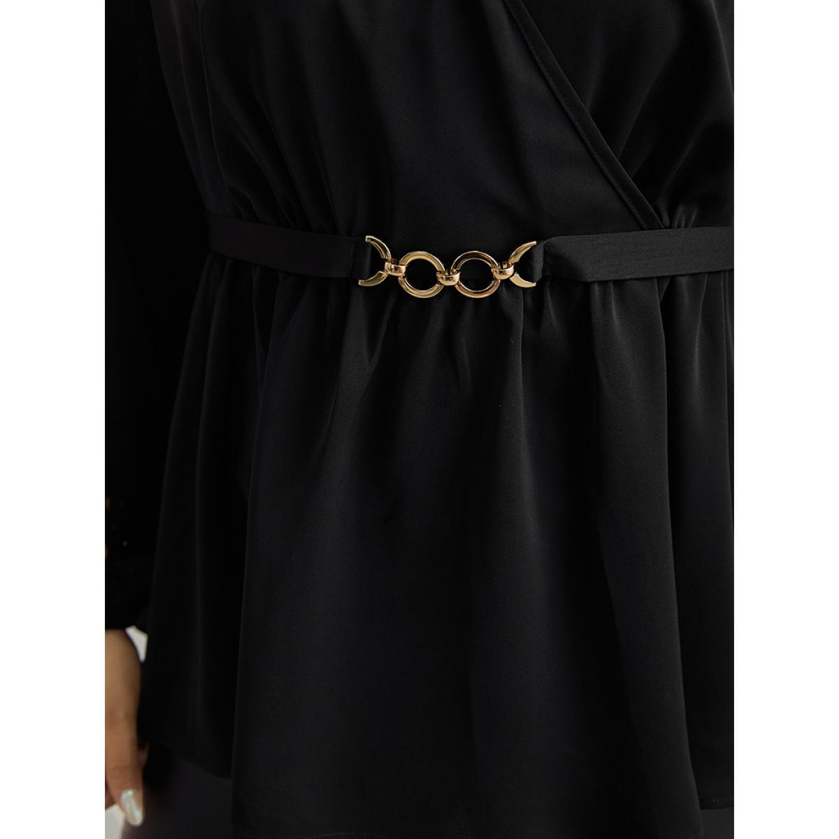Plus Size Black Plain Elastic Waist Buckle Detail Wrap Blouse Women Office Long Sleeve V-neck Work Blouses BloomChic 10/M Product Image