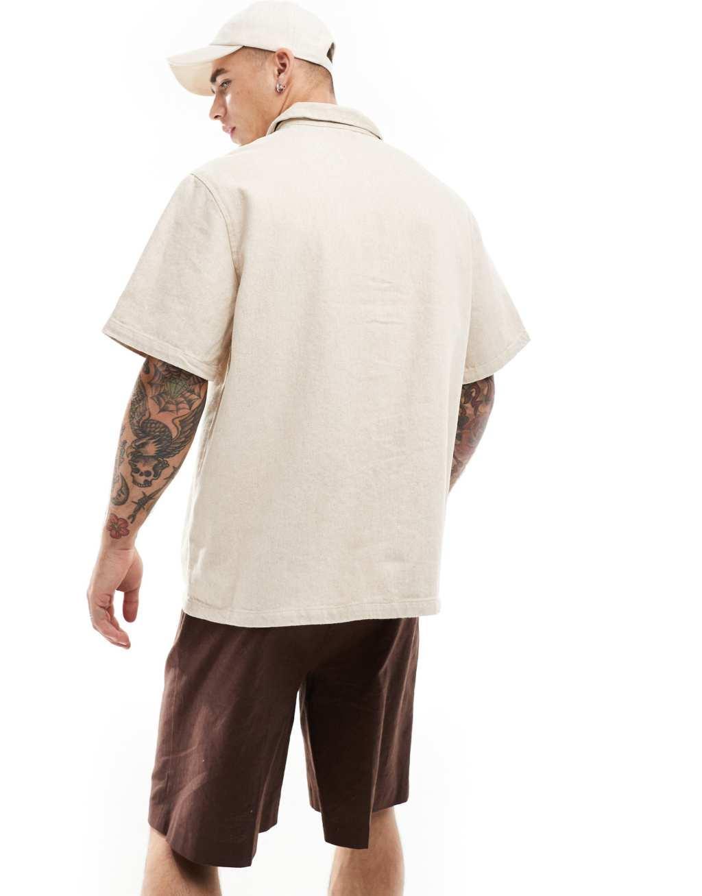 Weekday Dejan heavyweight linen mix short sleeve polo zip shirt in beige Product Image