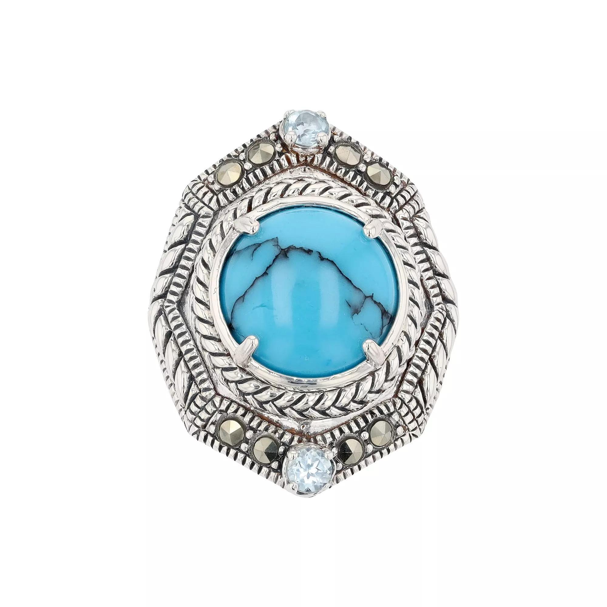 Lavish by TJM Sterling Silver Round Simulated Turquoise Sky Blue Topaz & Marcasite Dome Ring, Womens Product Image