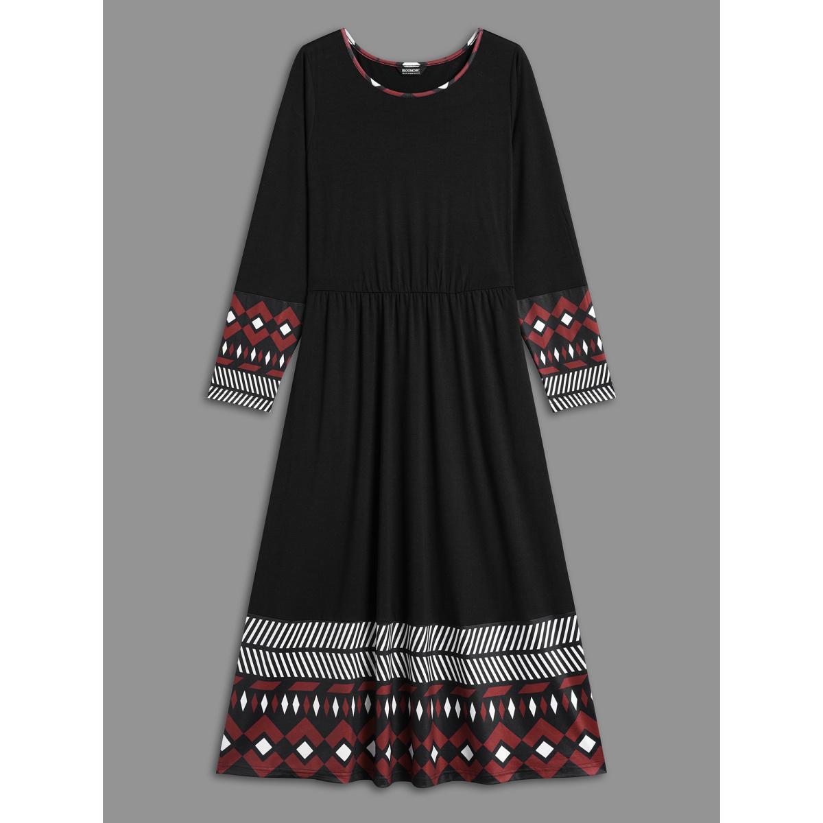 Plus Size Crew Neck Geometric Print Patchwork Dress BlackFlower Women Casual Non Knit Dresses Bloomchic 18-20/2X Product Image