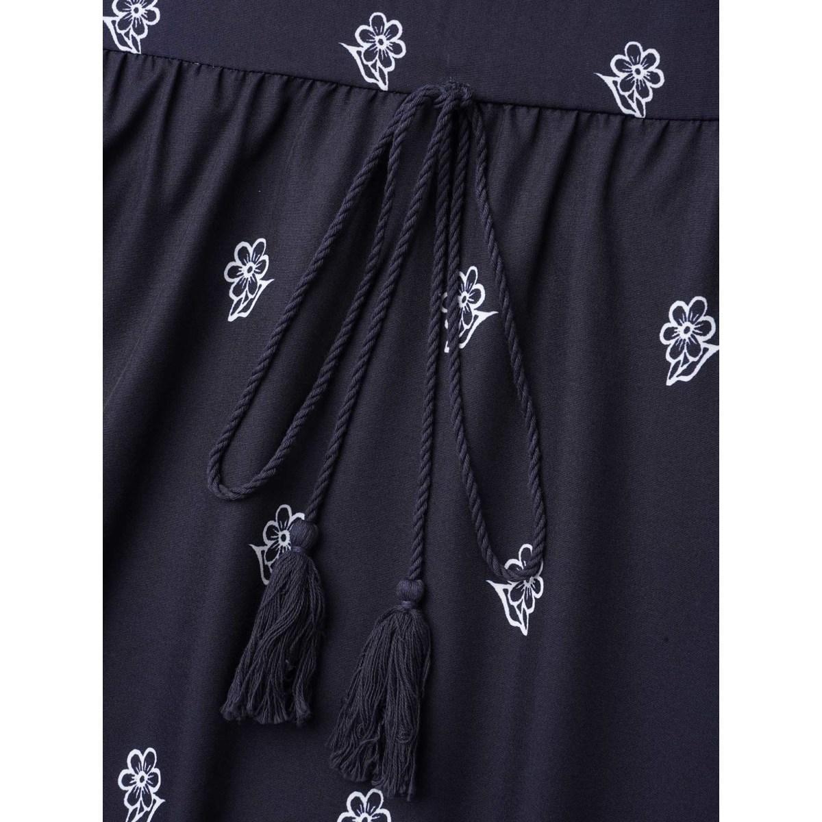 Plus Size Floral Waist-Tie Notched Collar Midi Dress Indigo Women Resort Ruffles Notched collar Half Sleeve Curvy BloomChic 28/5X Product Image