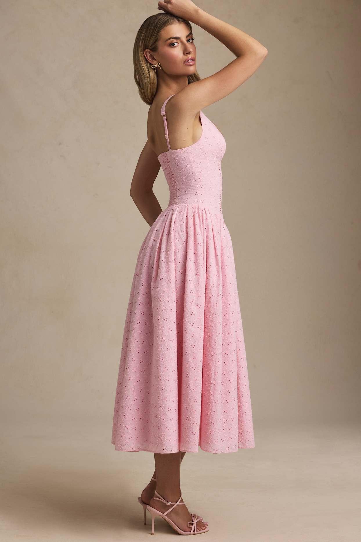 Broderie Anglaise Bow-Detail A-Line Midaxi Dress in Soft Pink Product Image