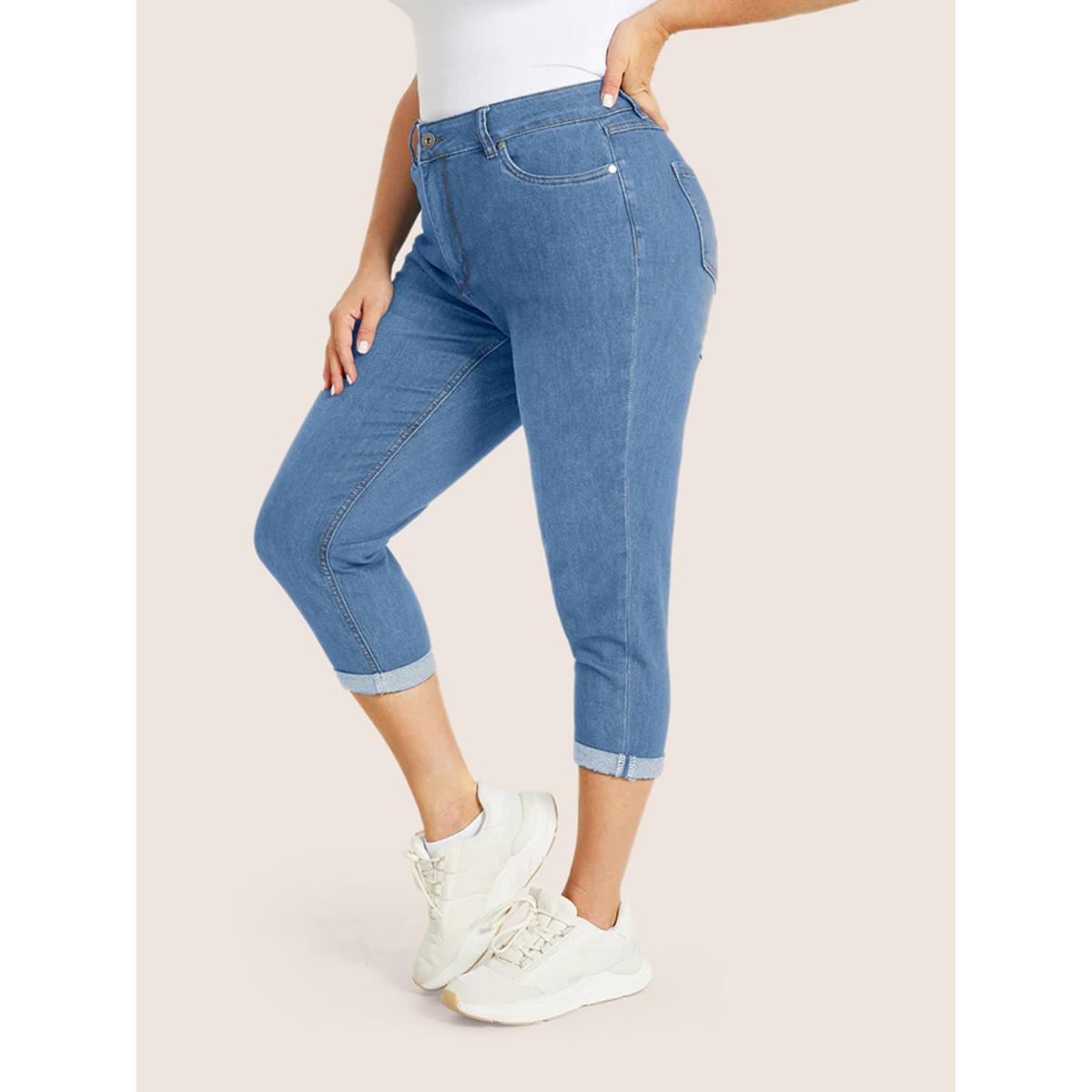 Plus Size Very Stretchy High Rise Dark Wash Cropped Jeans Women LightBlue Casual Plain High stretch Slanted pocket Jeans BloomChic 12/L Product Image