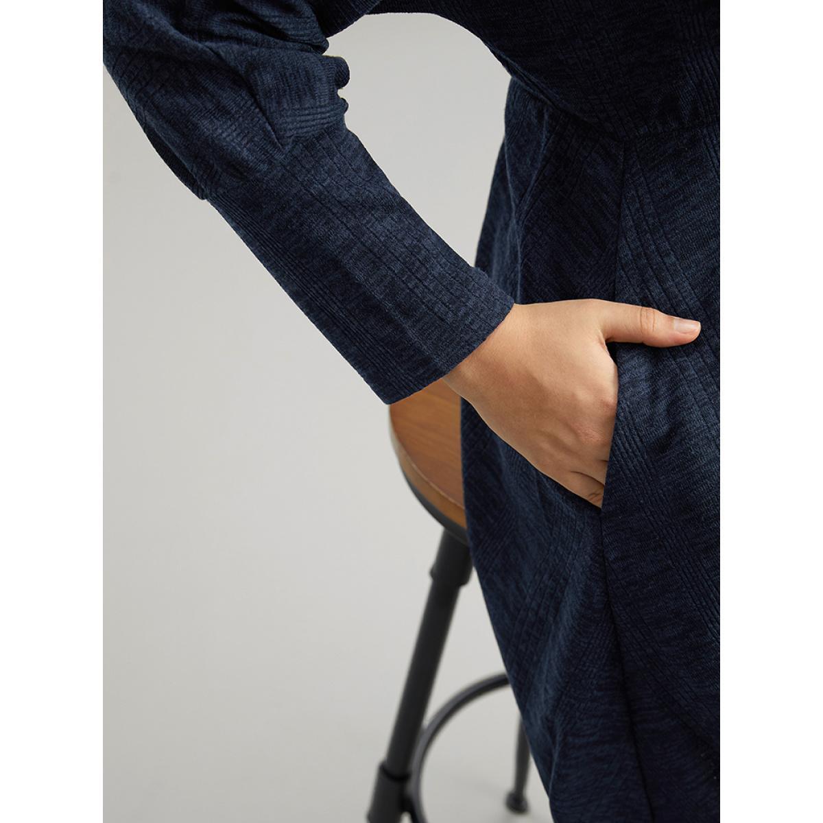 Plus Size Plain Textured Pocket Elastic Waist Dress Indigo Women Casual Texture Round Neck Long Sleeve Curvy Midi Dress BloomChic 22-24/3X Product Image