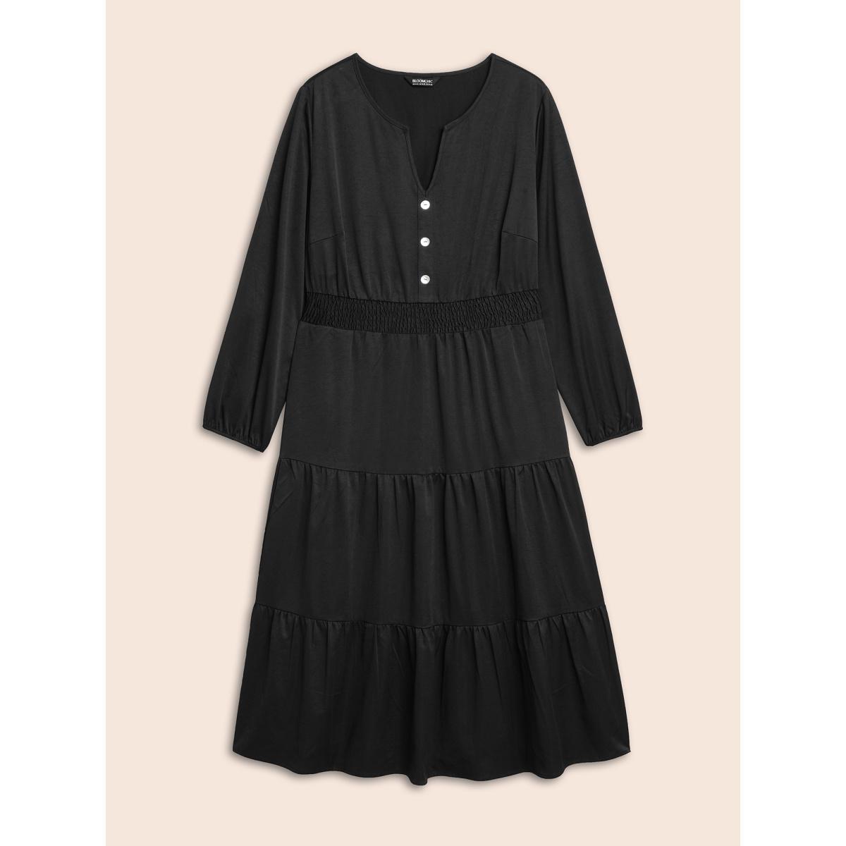 Plus Size Notched Button Detail Ruffle Layered Hem Dress Black Women At the Office Button Flat collar with V-notch Long Sleeve Curvy BloomChic 30/6X Product Image