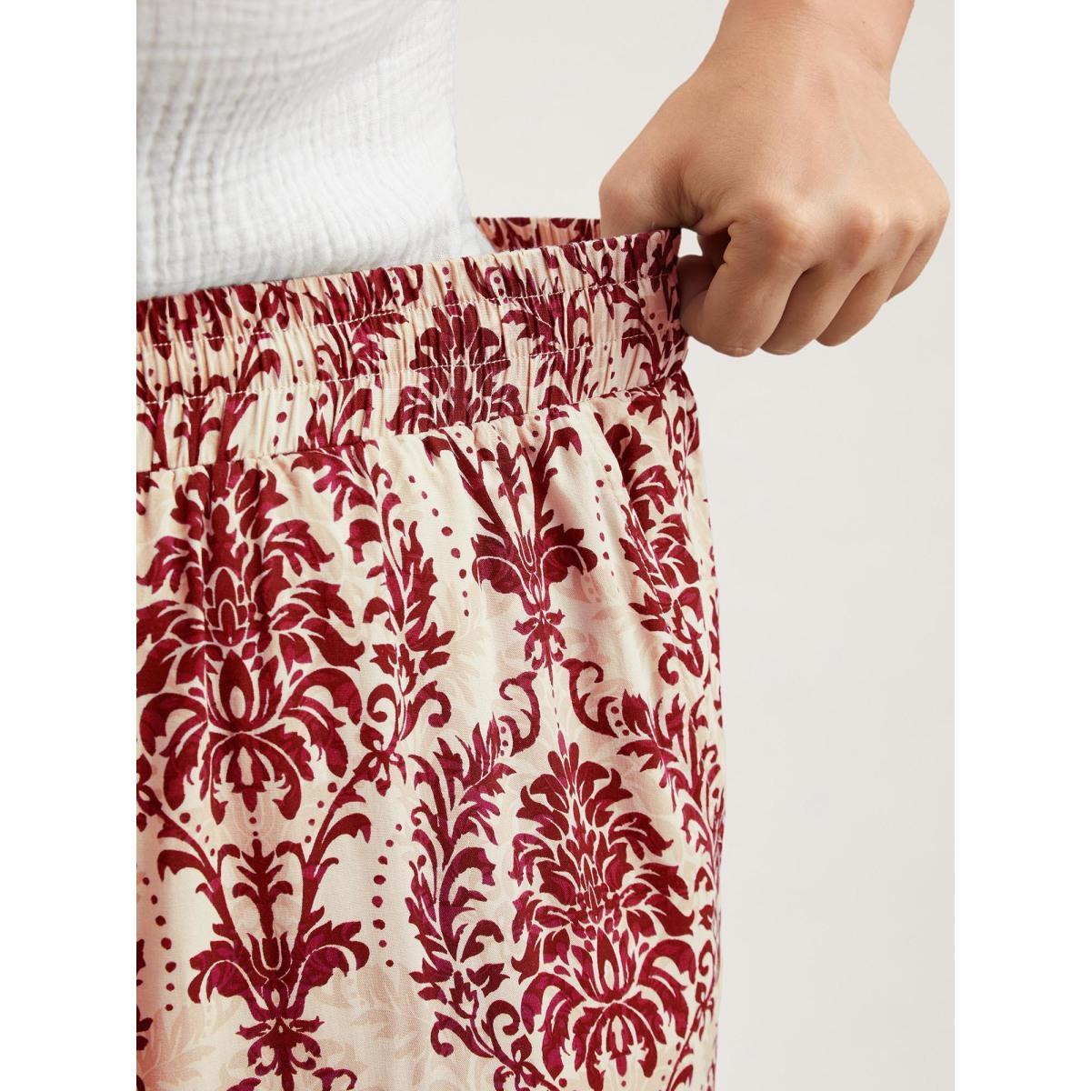 Plus Size Damask Print Tassel Straight-Leg Pants Women Scarlet Resort Wide Leg Mid Rise Vacation Pants BloomChic 22-24/3X Product Image