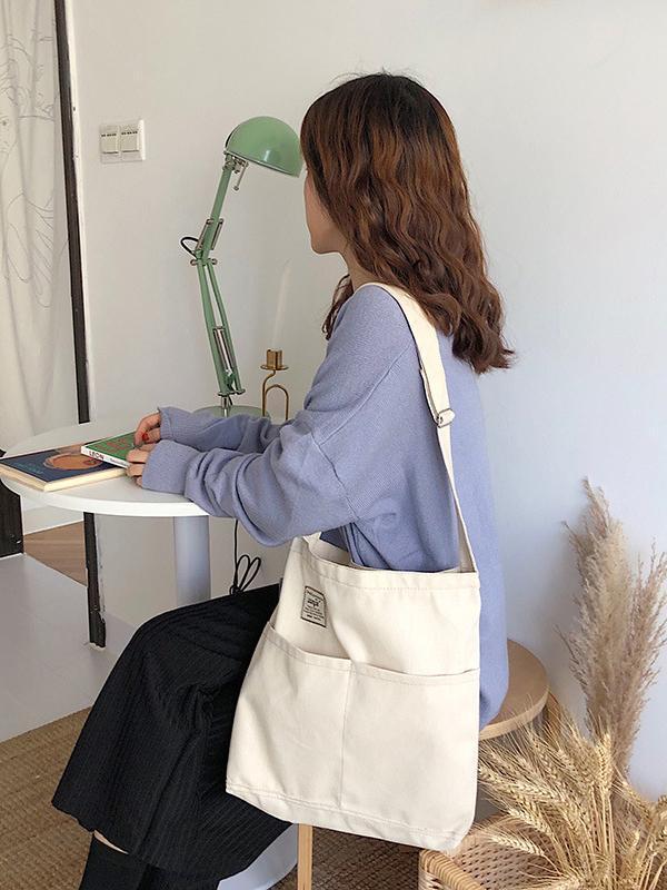Simple Solid Color With-pockets Canvas Handbag Product Image