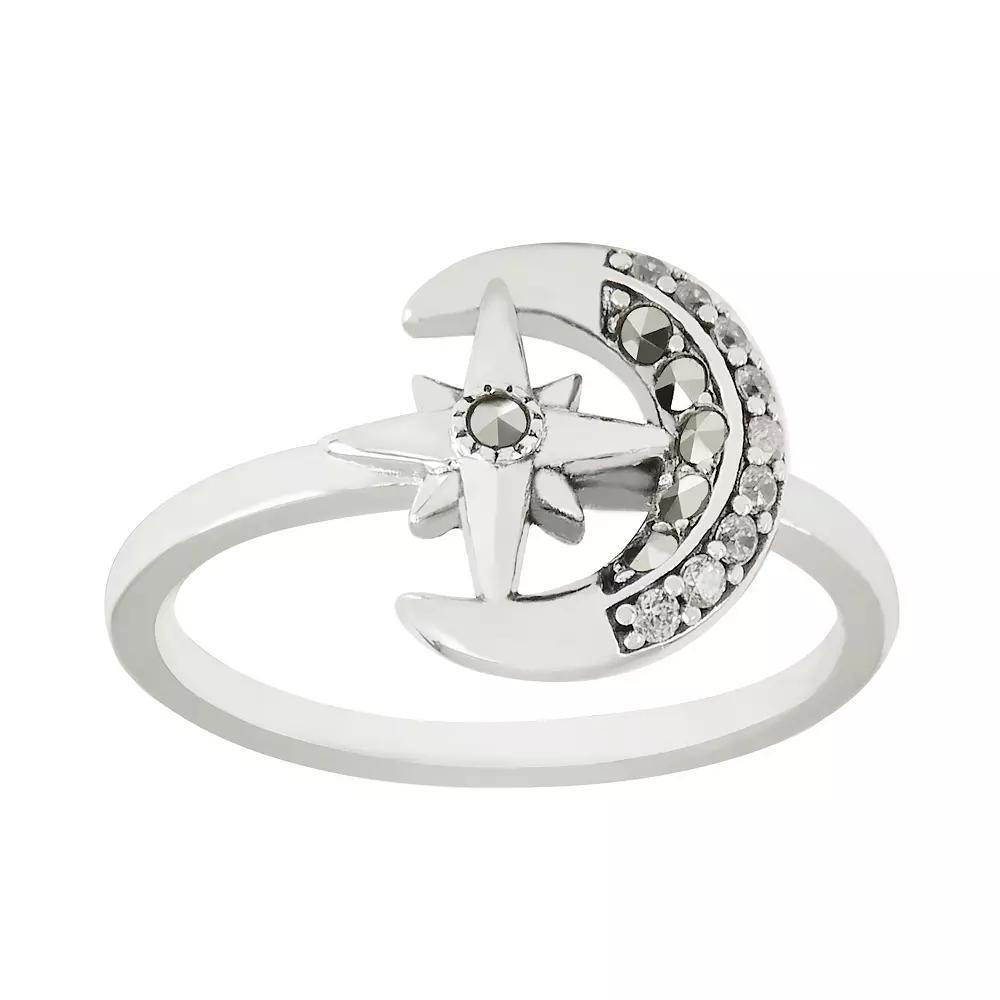 Lavish by TJM Sterling Silver Marcasite & Cubic Zirconia Moon & Star Slim Ring, Women's, Size: 7 Product Image