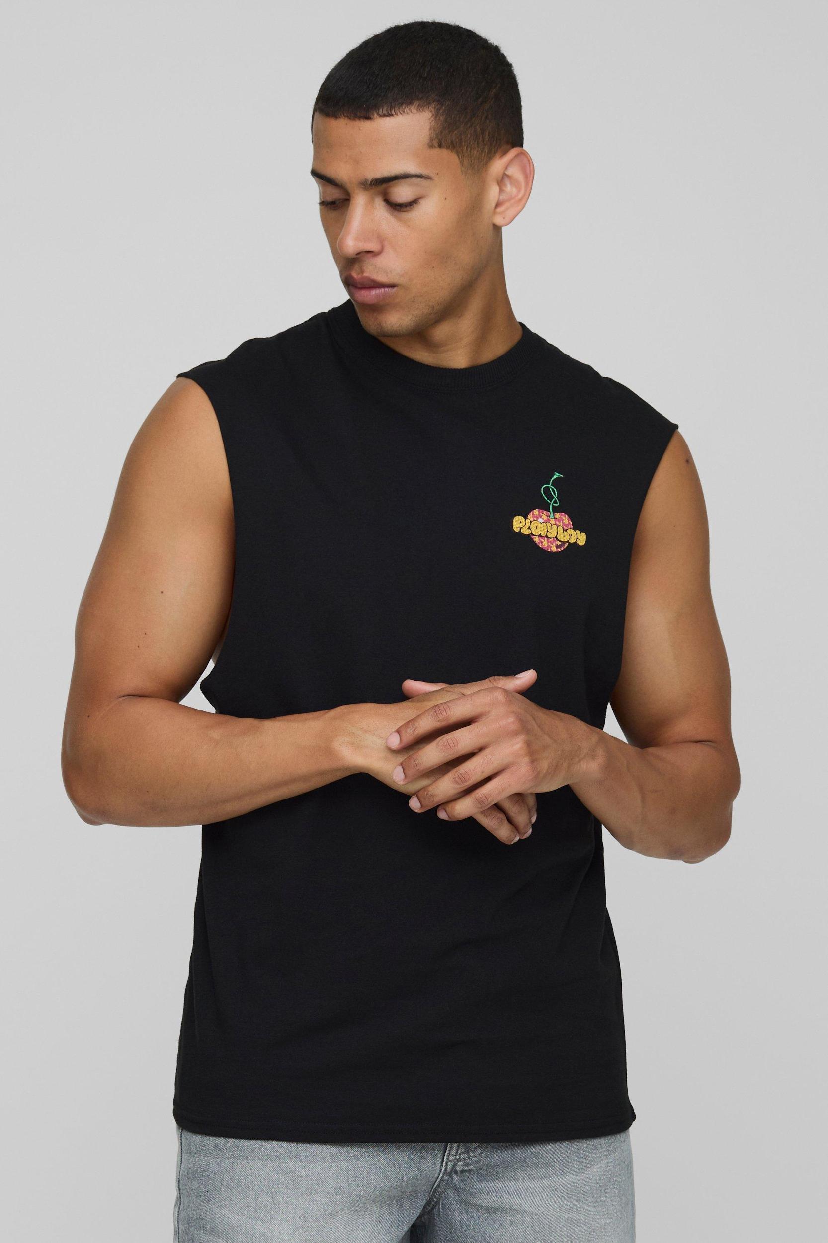 Black Regular Fit Playboy License Tank | boohooMAN USA Product Image