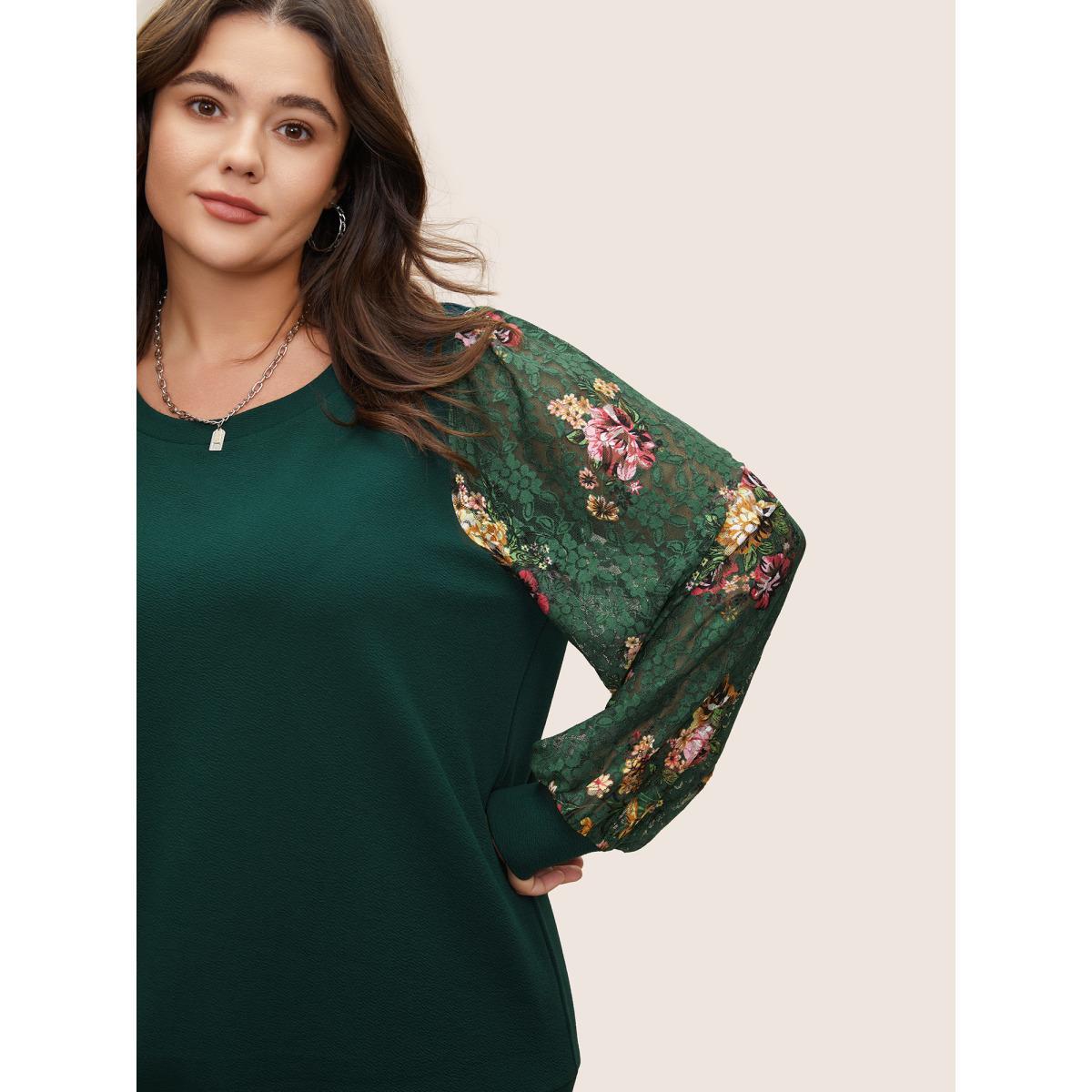 Plus Size Crochet Lace Floral Print Round Neck Sweatshirt Women DarkGreen Elegant Non Round Neck Everyday Sweatshirts BloomChic 18-20/2X Product Image