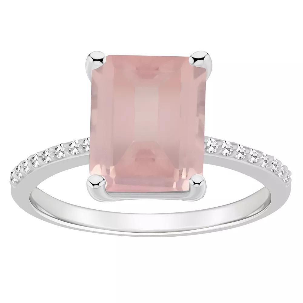 Alyson Layne Sterling Silver 10 mm x 8 mm Emerald Cut Gemstone & 1/10 Carat T.W. Diamond Ring, Women's, Pink Quartz Product Image