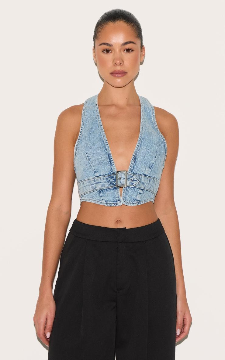 Light Blue Wash Buckle Front Denim Halterneck Top Product Image