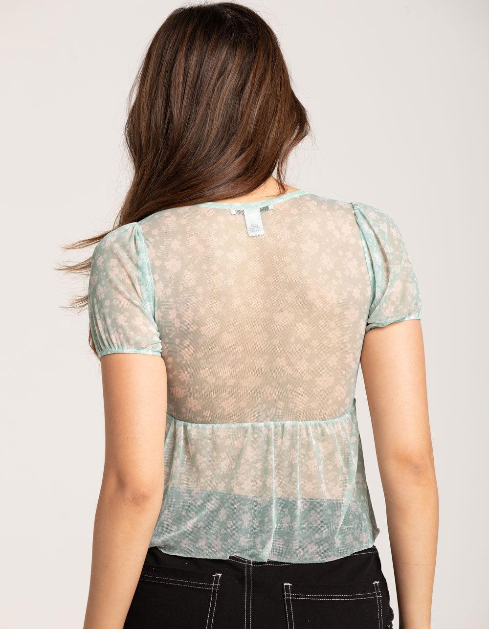 RSQ Womens Mesh Puff Sleeve Babydoll Top - GREEN Product Image