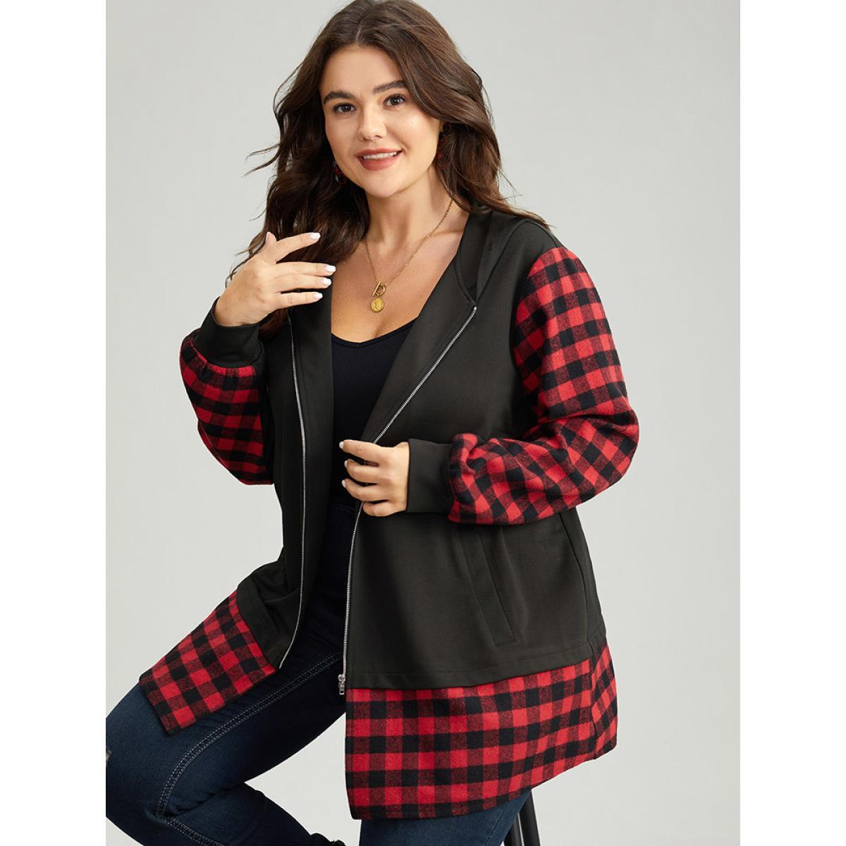 Plus Size Gingham Patchwork Hooded Zipper Contrast Coat Women Red Contrast Pocket Dailywear Jackets BloomChic 10/M Product Image