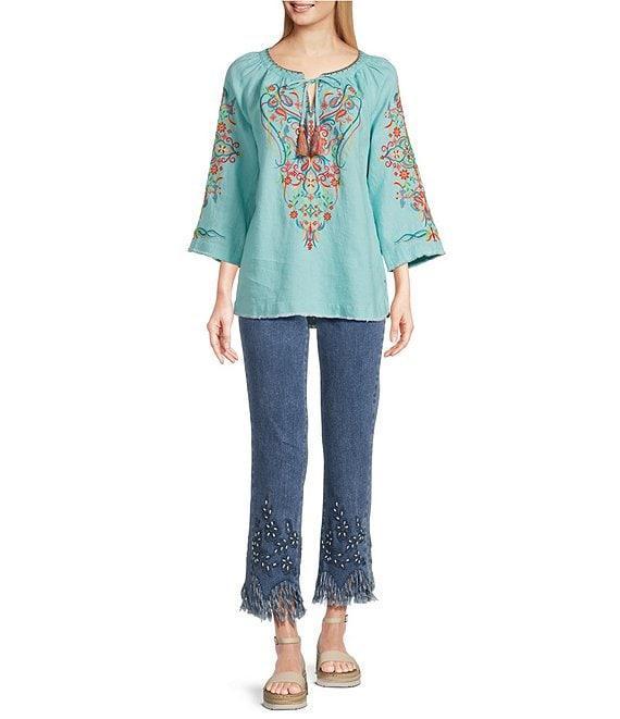 John Mark Paisley Print Floral Embroidered Split V-Neck 3/4 Sleeve Frayed Tassel Tie Tunic Product Image