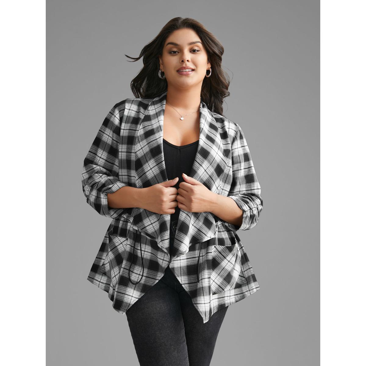 Plus Size Plaid Drawstring Patched Pocket Coat Women Black Elegant Drawstring Ladies Everyday Winter Coats BloomChic 14-16/1X Product Image