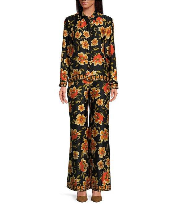 Chelsea & Violet Cora Floral Print Woven Satin Point Collar Button Front Long Sleeve Coordinating Blouse Product Image