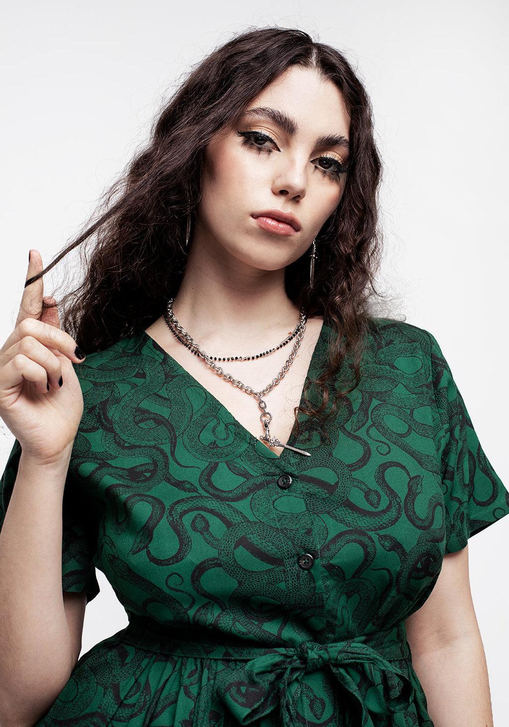 Ophidia Snake Print Button Up Midi Dress - Green Product Image