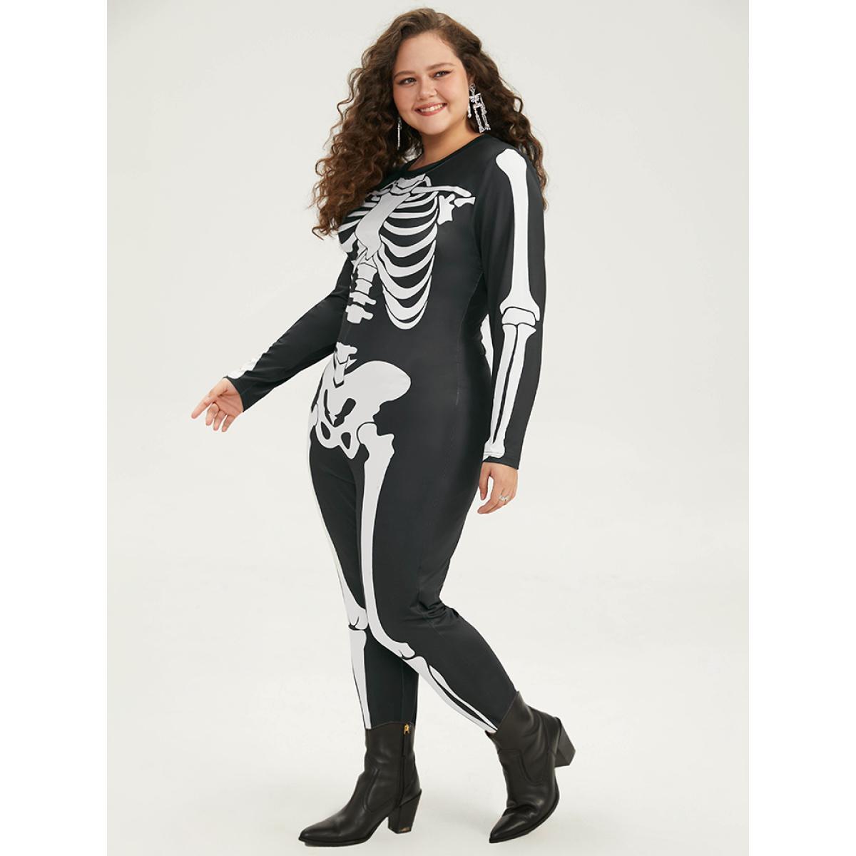 Plus Size Black Halloween Skull Print Skinny Crew Neck Jumpsuit Women Casual Long Sleeve Round Neck Festival-Halloween Loose Jumpsuits BloomChic 14-16/1X Product Image