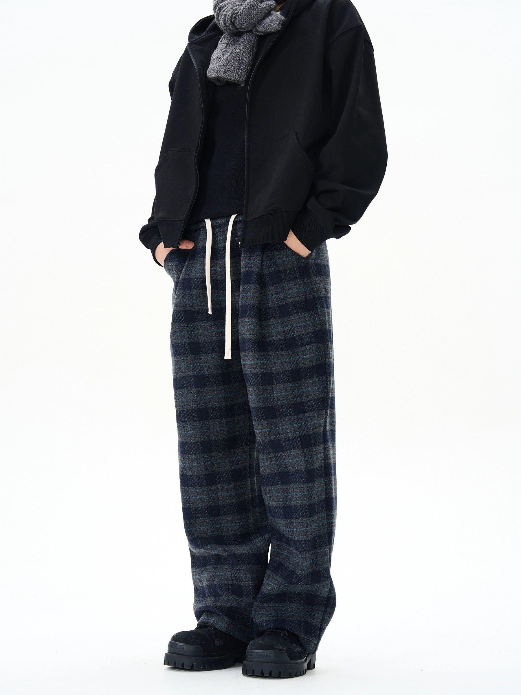 RT No. 12173 BLUE PLAID STRAIGHT DRAWSTRING SWEATPANTS Product Image