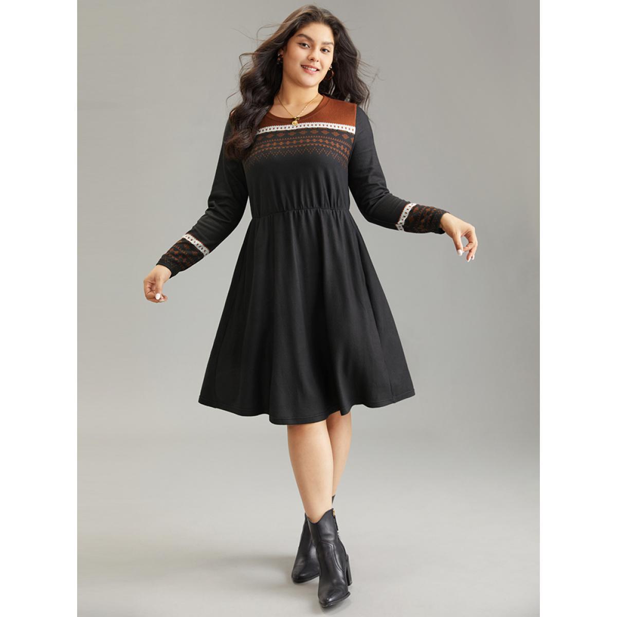 Plus Size Boho Geometric Print Contrast Elastic Waist Dress Black Women Casual Printed Round Neck Long Sleeve Curvy Midi Dress BloomChic 30/6X Product Image