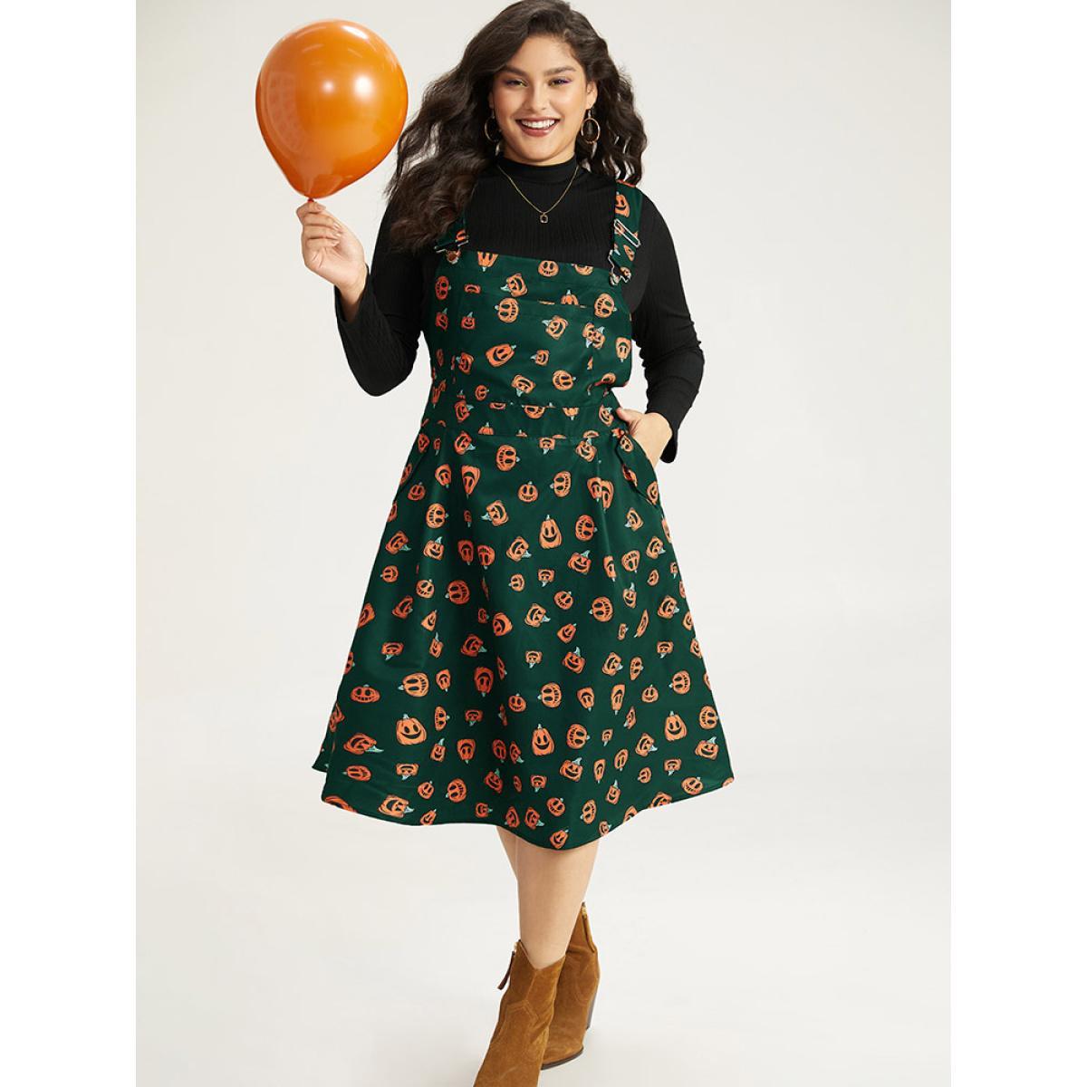 Plus Size Halloween Pocket Pumpkin Print Overall Cami Dress Black Women Casual Adjustable Straps Spaghetti Strap Sleeveless Curvy Midi Dress BloomChic 28/5X Product Image