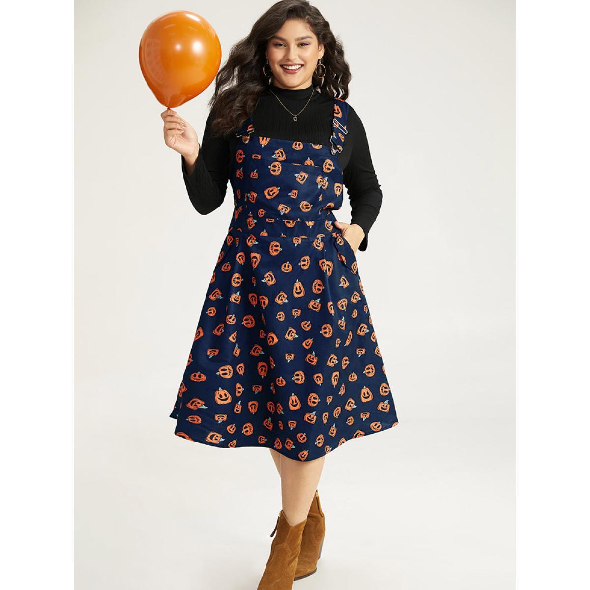 Plus Size Halloween Pocket Pumpkin Print Overall Cami Dress Black Women Casual Adjustable Straps Spaghetti Strap Sleeveless Curvy Midi Dress BloomChic 28/5X Product Image