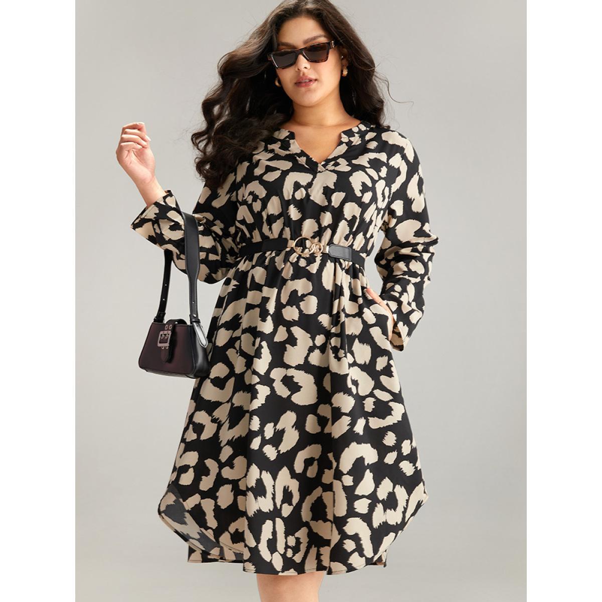 Plus Size Geometric Pocket Elastic Waist Arc Hem Dress LightBrown Women At the Office Printed Notched collar Long Sleeve Curvy Knee Dress BloomChic 22-24/3X Product Image
