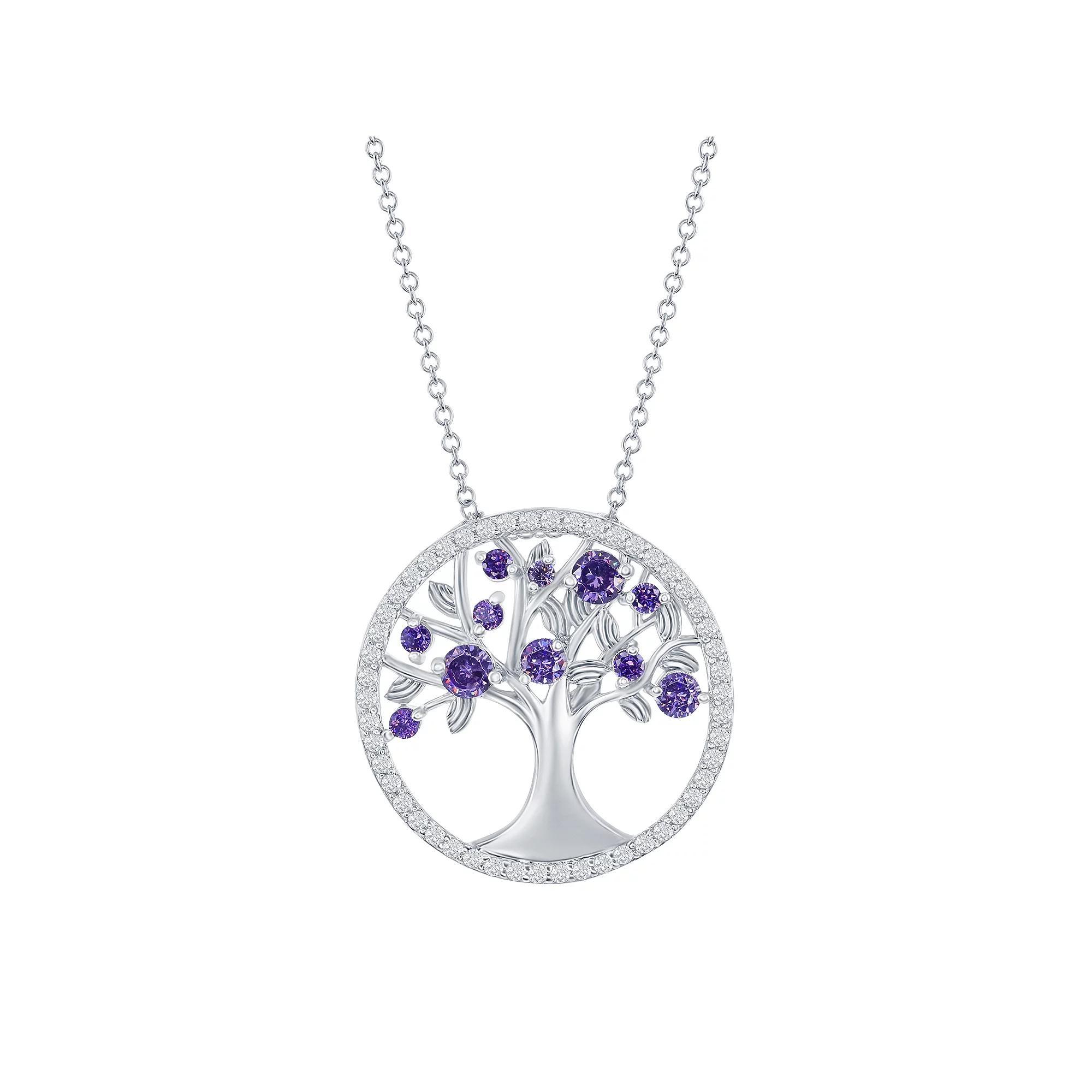 Sterling Silver Purple Cubic Zirconia Tree Of Life Necklace, Womens Product Image