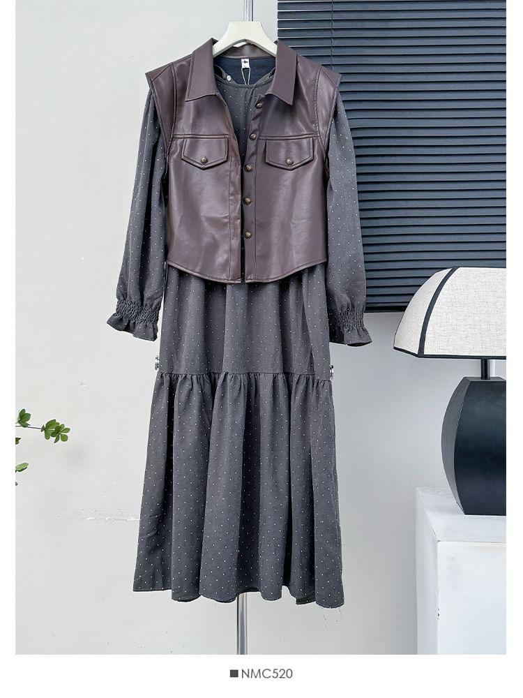 Beaded Loose A-Line Dress / Faux-Leather Vest Jacket Product Image