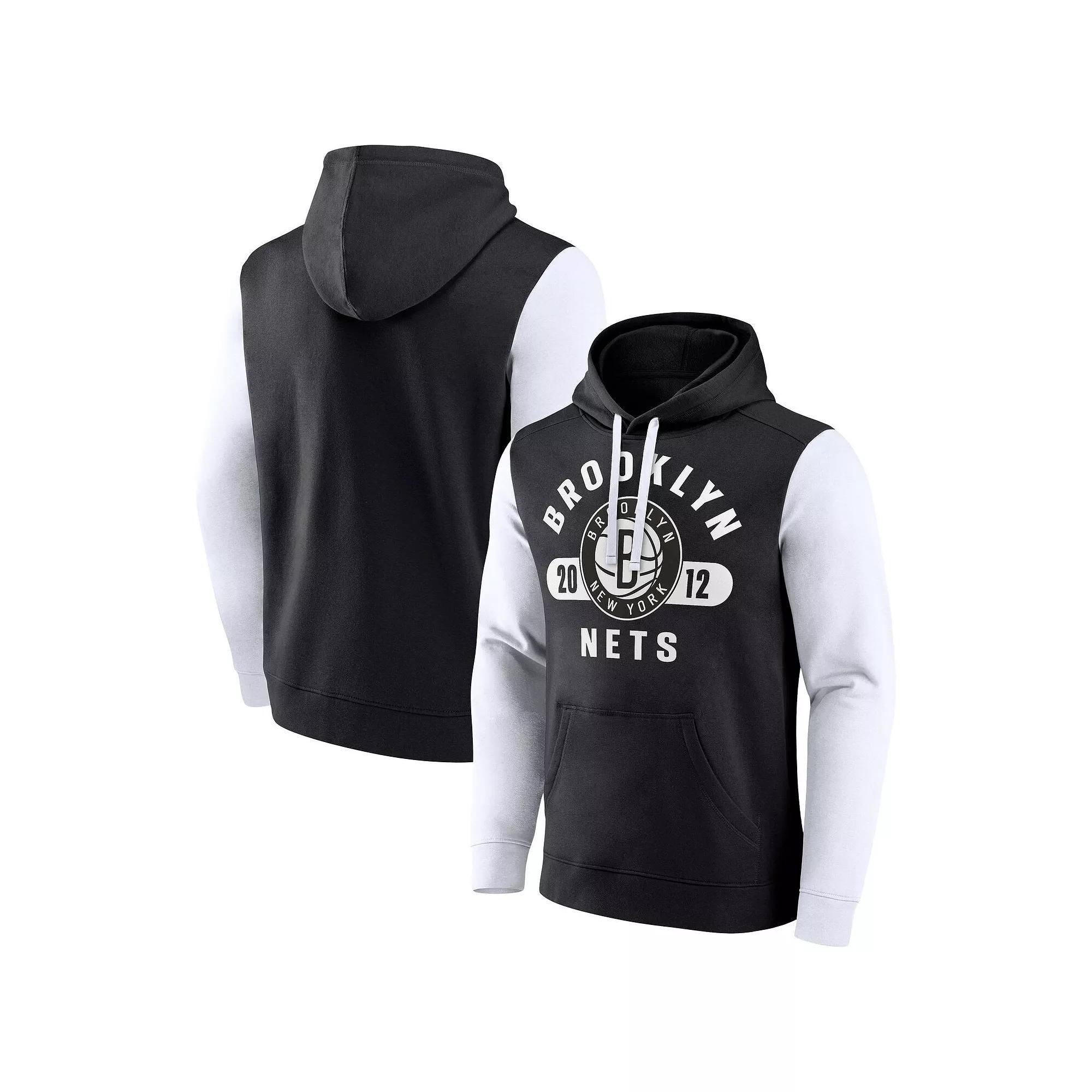 Men's Fanatics Branded Black/White Brooklyn Nets Attack Colorblock Pullover Hoodie, Size: Small Product Image