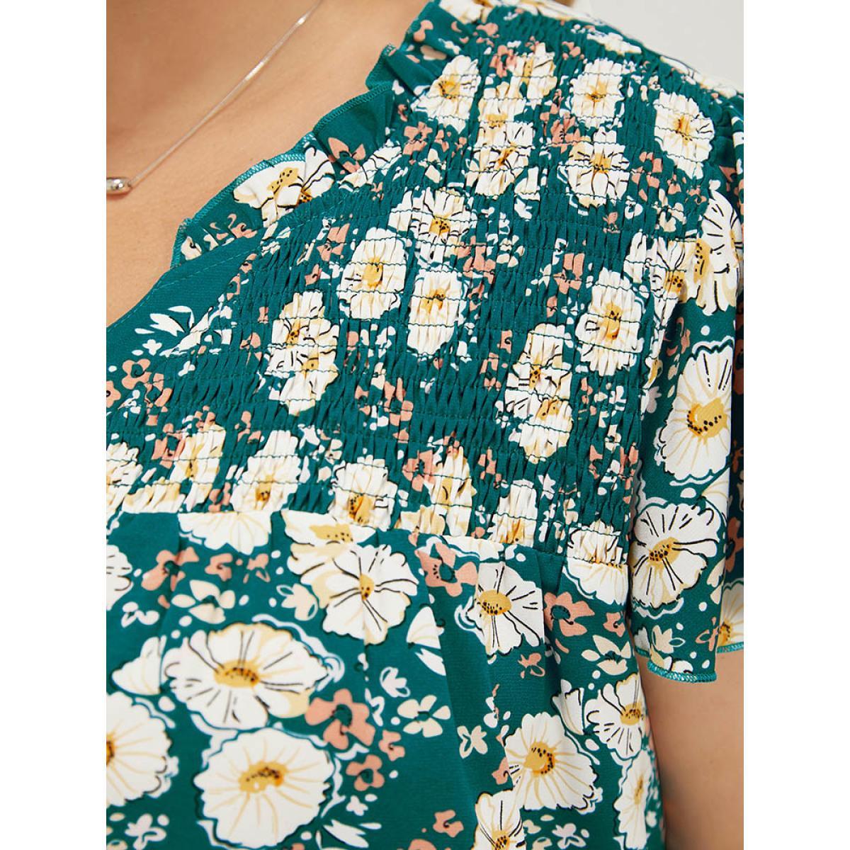 Plus Size Cerulean Floral Ruffle Sleeve Shirred Button Up Frill Trim Blouse Women Elegant Short sleeve V-neck Dailywear Blouses BloomChic 18-20/2X Product Image