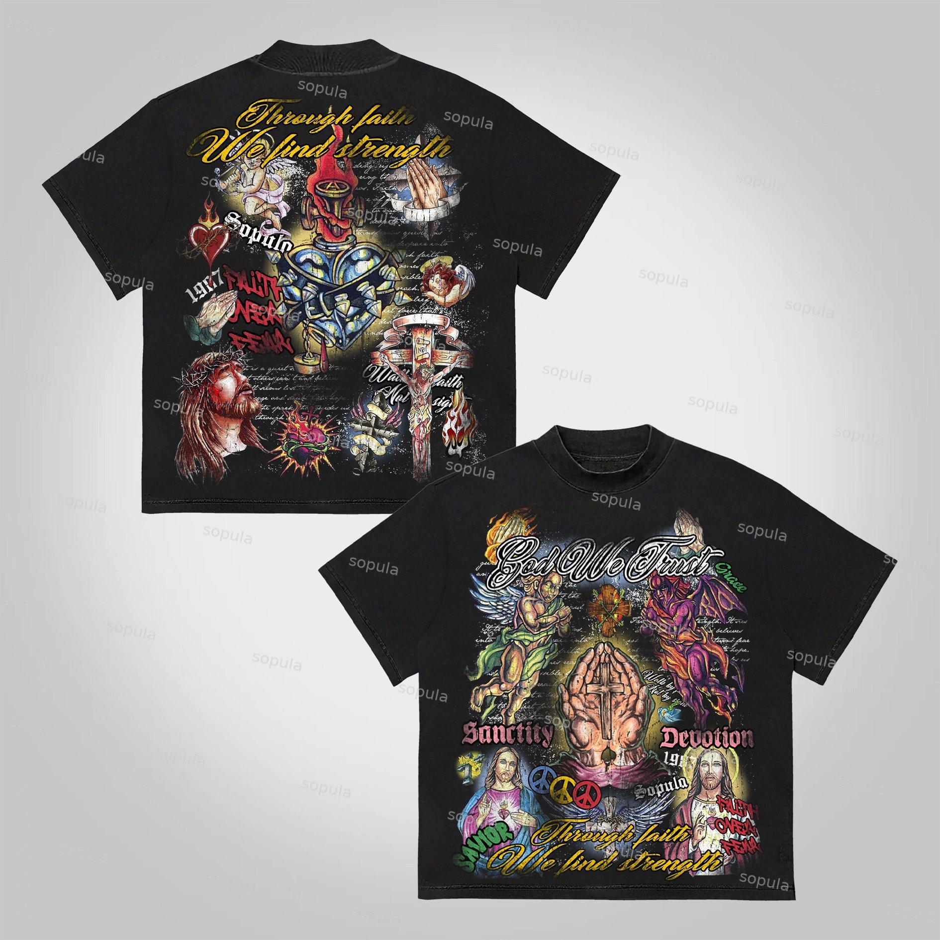 Sopula Faith In Jesus Collage Vintage Graphics Cotton T-Shirt Product Image