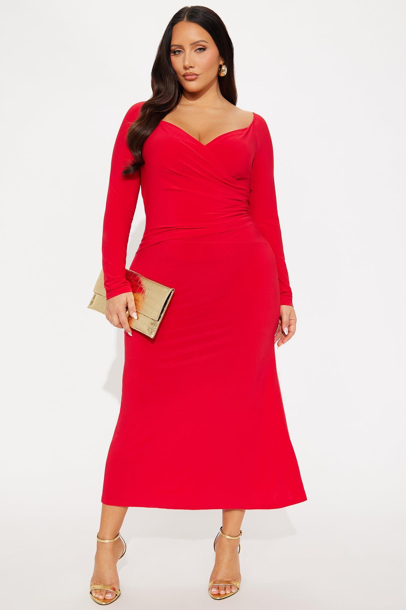 Carol Off Shoulder Midi Dress - Red Product Image