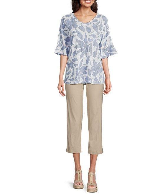 Ali Miles Knit Leaf Print Linen Blend V-Neck 3/4 Lace Sleeve Tunic Product Image