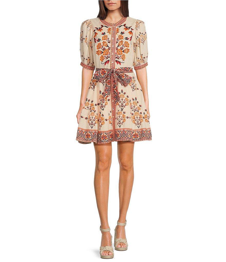 A Loves A Light Floral Printed Bubble Sleeve Button Front Mini Dress Product Image
